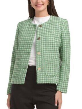 Anne Klein Jewel Neck Lady Jacket Green Tweed Gold Button Pockets Size L